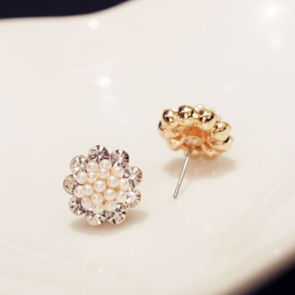 Pearl Studs Earrings 925 Silver Crystal Camellia
